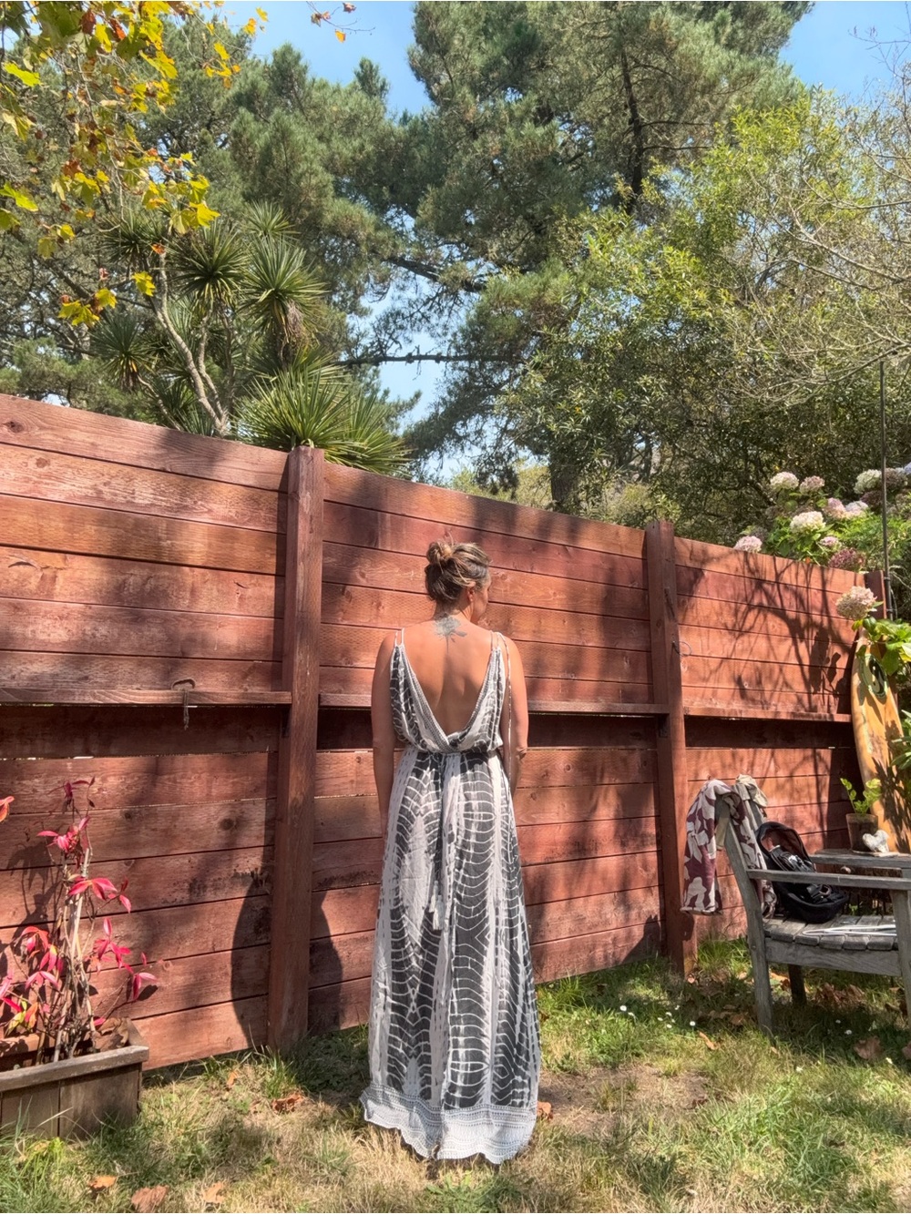 Elan Gray and White Backless Maxi Dress